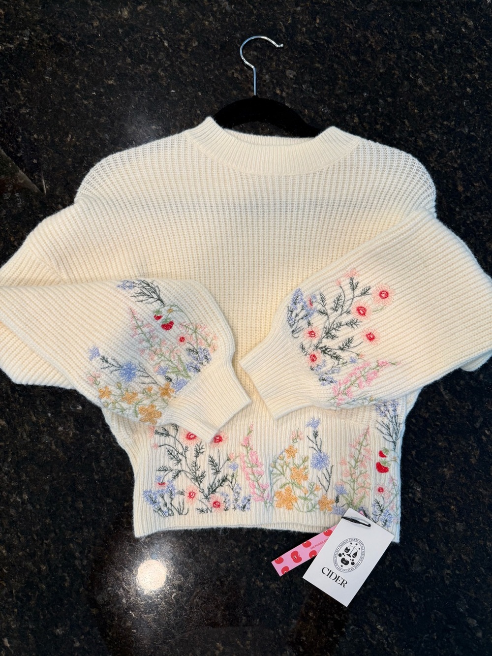 Cider Cream Cropped Crewneck Sweater with Floral Embroidery - Picture 6 of 8